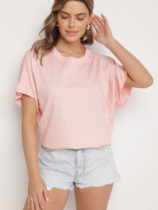 Zdjęcie produktu Jasnoróżowy T-shirt z Wiskozą o Kroju Nietoperza Tanariona J Studio