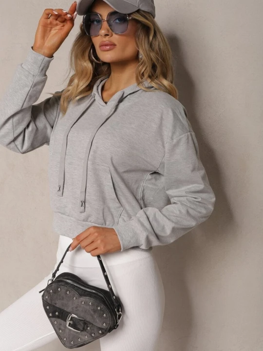 Zdjęcie produktu Jasnoszara Bluza z Kapturem i Bawełną Ozdobiona Ściągaczami Evianae J.style Szary