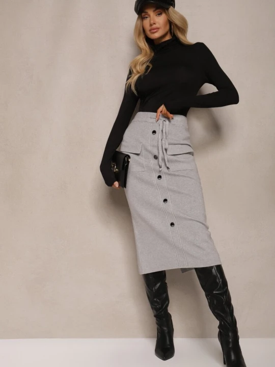 Zdjęcie produktu Jasnoszara Spódnica Ołówkowa z Kaszmirem High Waist z Ozdobnymi Guzikami i Kieszeniami Edithwen Tandem Szary