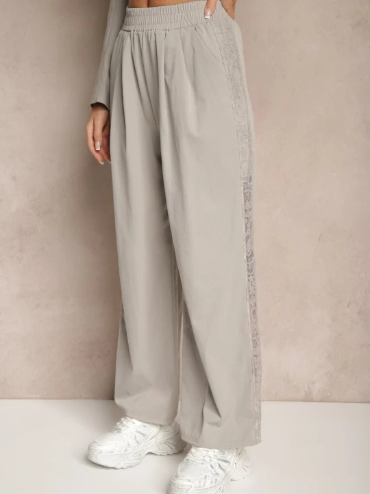 Zdjęcie produktu Jasnoszare Szerokie Spodnie z Bawełną High Waist Ozdobione Koronką Efandiela Alina Szary