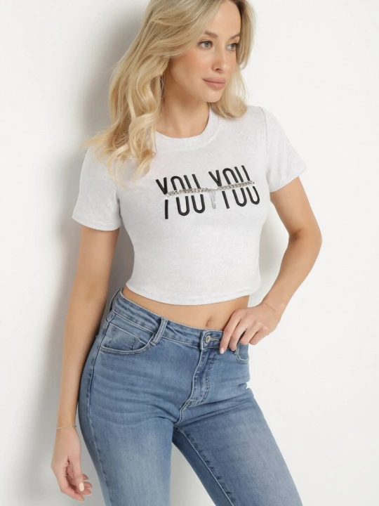 Zdjęcie produktu Jasnoszary Bawełniany T-shirt z Napisem i Łańcuchem Olimelia Emt
