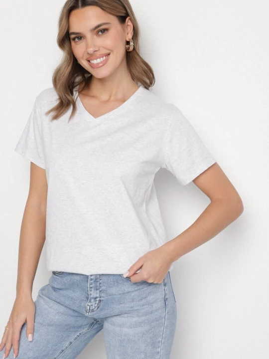 Zdjęcie produktu Jasnoszary Bawełniany T-shirt z Trójkątnym Dekoltem Nelirna Emt