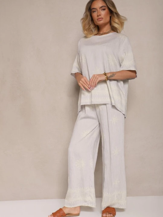 Zdjęcie produktu Jasnoszary Komplet Oversize z Bluzką i Luźnymi Spodniami w Stylu Boho Ronivara J&x