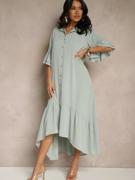 Zdjęcie produktu Jasnozielona Koszulowa Sukienka Ozdobiona Falbanką Ransara New Collection Zielony