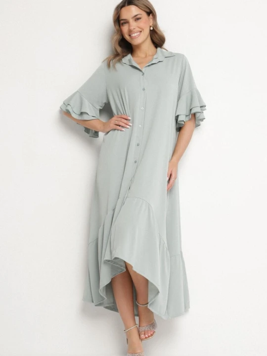 Zdjęcie produktu Jasnozielona Sukienka Koszulowa z Ozdobną Falbanką Daviravie New Collection Zielony