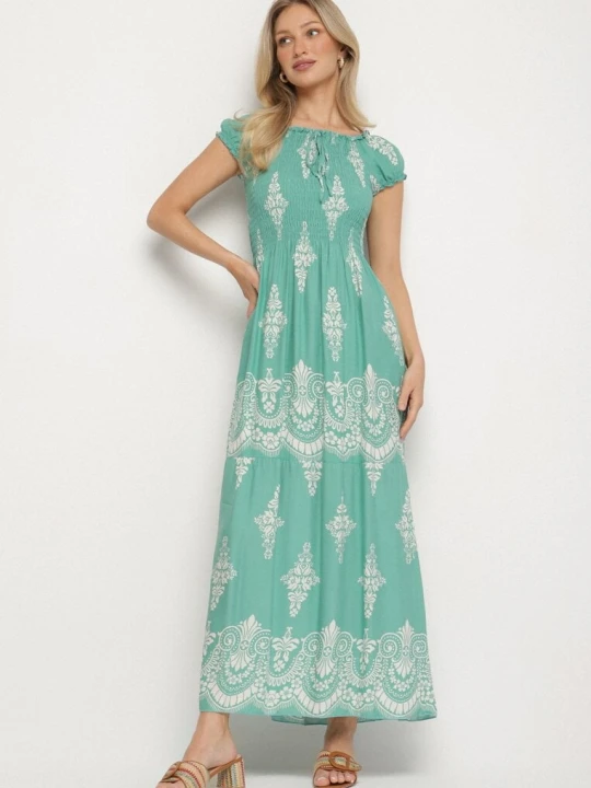 Zdjęcie produktu Jasnozielona Wiskozowa Sukienka z Marszczoną Góra i Wzorem Boho Ellifae J&x Zielony