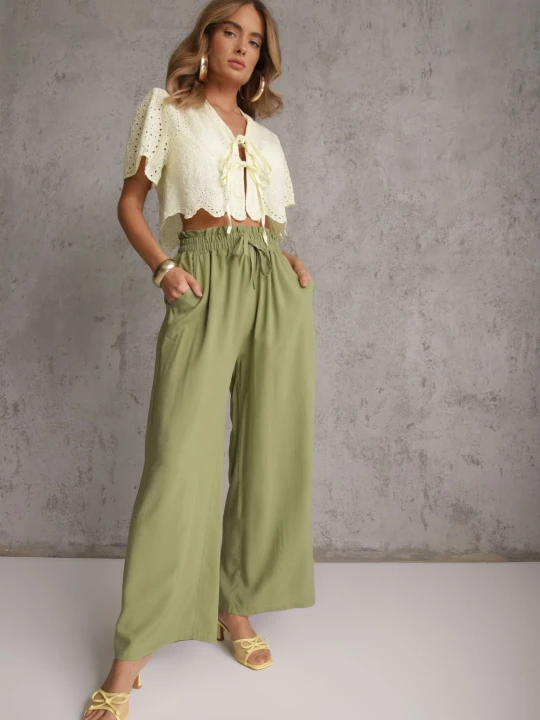 Zdjęcie produktu Jasnozielone Spodnie z Bawełny Typu Palazzo High Waist z Gumką w Talii Nelsaria Airisa Zielony