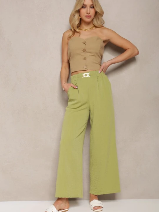 Zdjęcie produktu Jasnozielone Spodnie z Szerokimi Nogawkami w Stylu Palazzo High Waist z Gumką w Pasie z Ozdobnym Elementem Ellsiana H&s Zielony