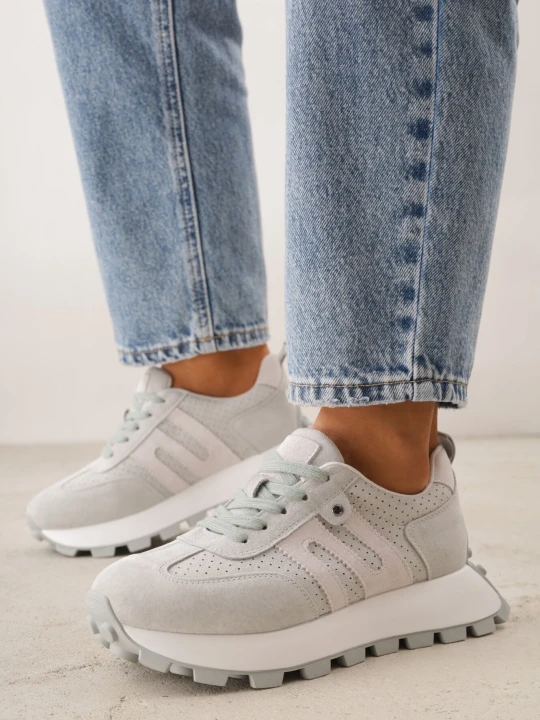 Zdjęcie produktu Jasnozielone Zamszowe Sneakersy na Grubej Podeszwie Geometrycznym Wzorem Zitula Goodin Zielony
