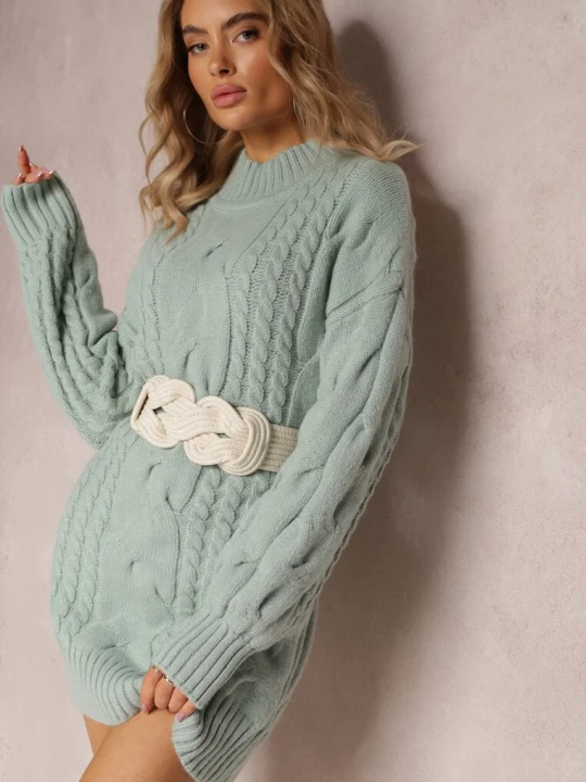 Zdjęcie produktu Jasnozielony Długi Sweter o Luźnym Kroju z Warkoczykowym Splotem Penerria Wool Fashion