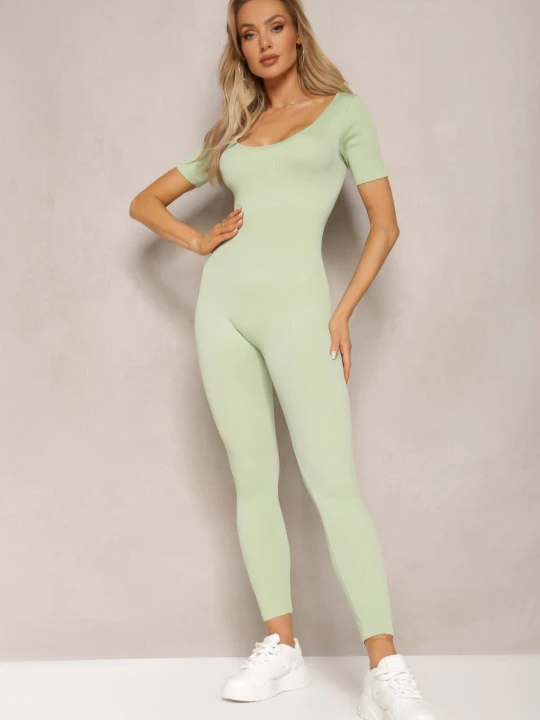 Zdjęcie produktu Jasnozielony Prążkowany Kombinezon Bodycon z Długimi Nogawkami i Krótkimi Rękawami Vittone Soy&co