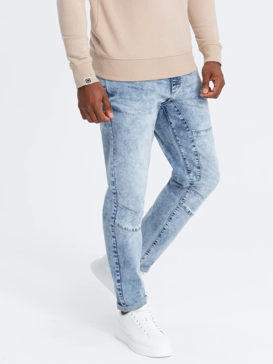 Zdjęcie produktu Jeansowe spodnie męskie TAPERED FIT z przeszyciami i podwiniętymi nogawkami – błękitne V1 - Rozmiar: XL Ombre Clothing błękitny