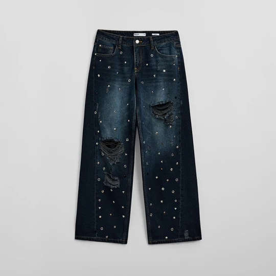 Zdjęcie produktu Jeansy baggy fit z dziurami i dekoracyjnymi aplikacjami House granatowy