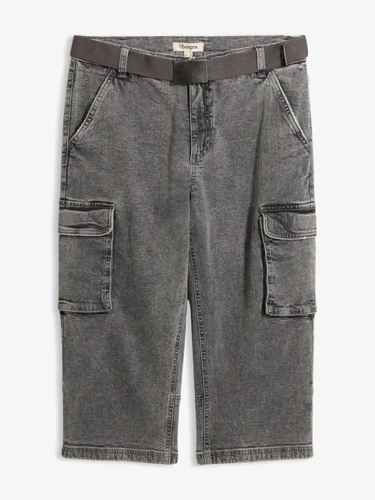 Zdjęcie produktu Jeansy bojówki 3 / 4 ze stretchem i paskiem, relaxed fit BonPrix szary