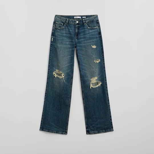 Zdjęcie produktu Jeansy bootcut z dziurami i efektem sprania House indigo jeans
