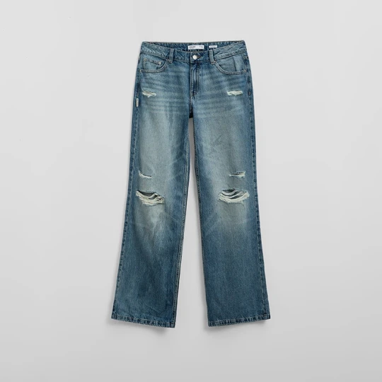 Zdjęcie produktu Jeansy bootcut z dziurami i efektem sprania House niebieski