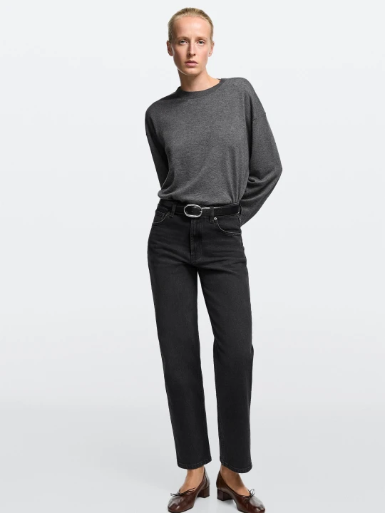 Zdjęcie produktu Jeansy Cropped O Prostym Kroju Z Wysokim Stanem - Czarny - Massimo Dutti - Female