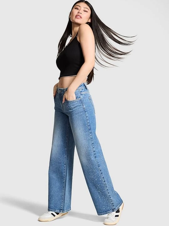 Zdjęcie produktu Jeansy Denim by PINK Mid-Rise Baggy Wide-Leg Victoria's Secret Niebieski