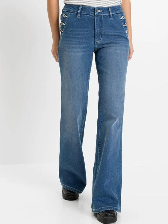 Zdjęcie produktu Jeansy dzwony, mid waist, bawełna organiczna BonPrix niebieski