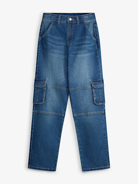 Zdjęcie produktu Jeansy loose fit, cargo z regulowanym pasem, straight BonPrix niebieski