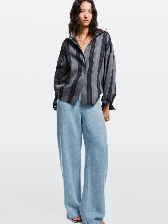Zdjęcie produktu Jeansy O Kroju Barrel Fit Z Wysokim Stanem Ze 100% Lnu - Jasnoniebieski - Massimo Dutti - Female