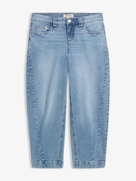 Zdjęcie produktu Jeansy o kroju barrel, średni stan, cropped BonPrix niebieski