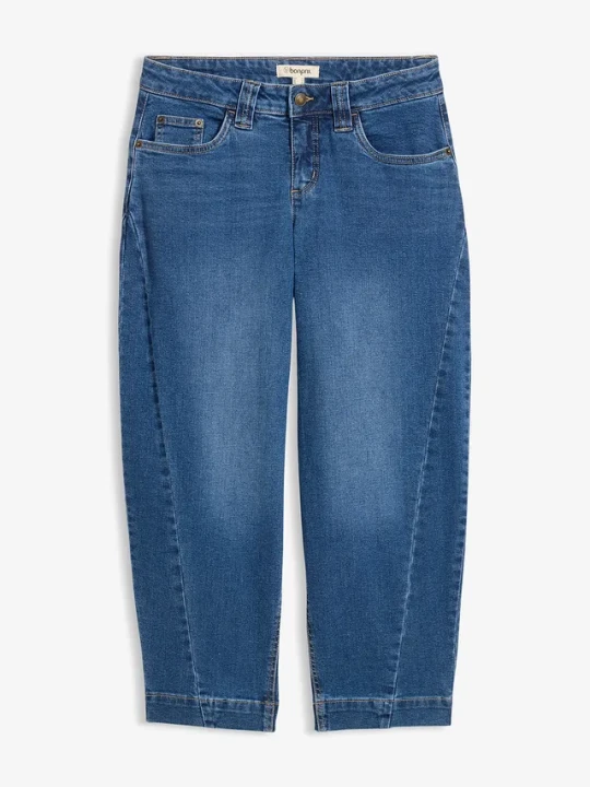Zdjęcie produktu Jeansy o kroju barrel, średni stan, cropped BonPrix niebieski