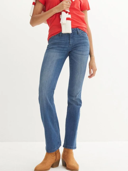 Zdjęcie produktu Jeansy o kroju bootcut, mid waist, ze stretchem BonPrix niebieski
