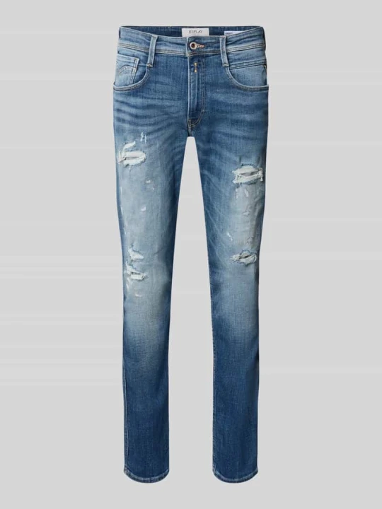 Zdjęcie produktu Jeansy o kroju slim fit z efektem znoszenia model 'Anbass' Replay Ciemnoniebieski
