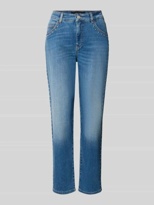 Zdjęcie produktu Jeansy o kroju slim fit z mieszanki bawełny z obszyciem nitami Marc Cain Jeansowy niebieski