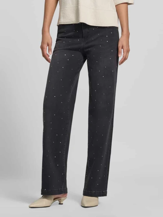 Zdjęcie produktu Jeansy o kroju straight fit z mieszanki bawełny z obszyciem z kamieni stras na całej powierzchni Marc Cain Czarny