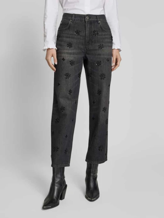 Zdjęcie produktu Jeansy o kroju Straight Fit z obszyciem ozdobnymi kamieniami Weekend Max Mara Antracytowy