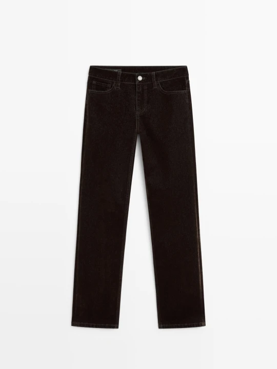 Zdjęcie produktu Jeansy O Prostym Kroju Z Niskim Stanem I Flokowanym Wykończeniem - Szarobrązowy - Massimo Dutti - Female