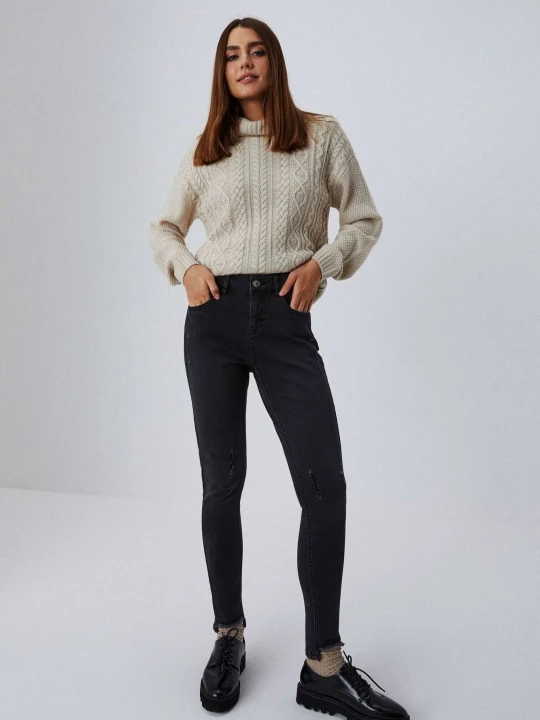 Zdjęcie produktu Jeansy skinny medium waist z postrzępionymi nogawkami grafitowe Moodo