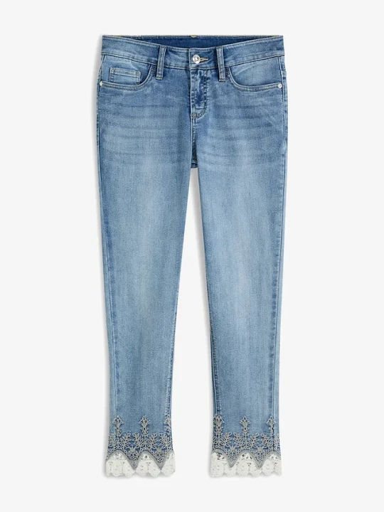Zdjęcie produktu Jeansy skinny z koronką, cropped BonPrix niebieski