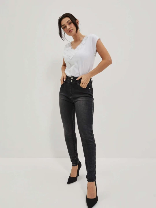 Zdjęcie produktu Jeansy skinny z podwójnym guzikiem grafitowe Moodo