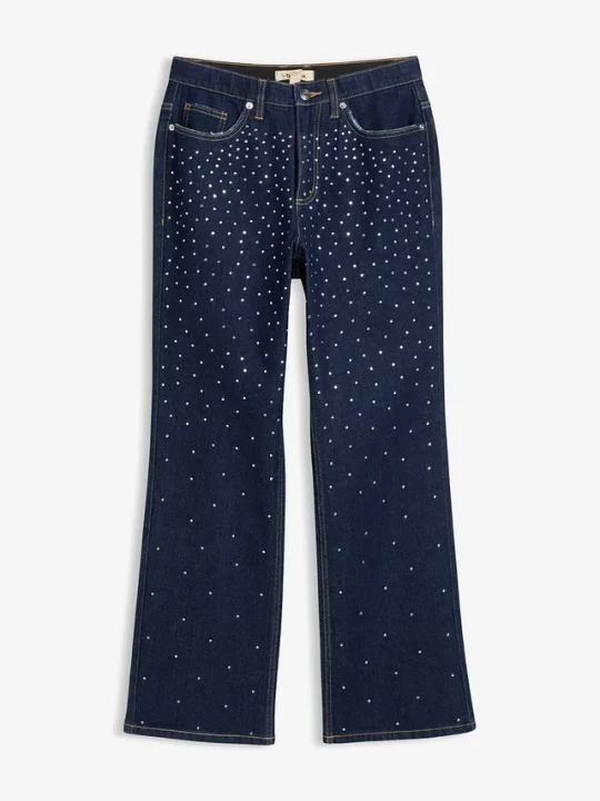 Zdjęcie produktu Jeansy straight, mid waist, zdobione kryształkami BonPrix niebieski