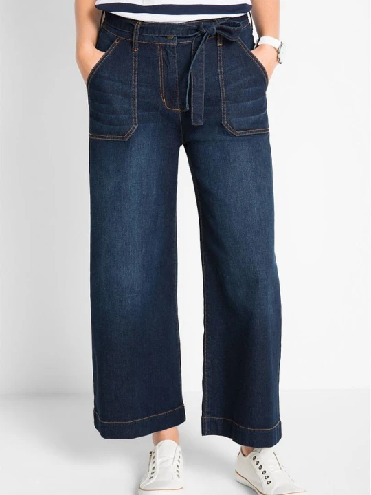 Zdjęcie produktu Jeansy wide leg, high waist z wygodnym pasem, cropped BonPrix niebieski