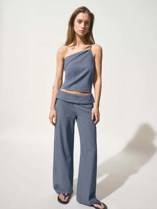 Zdjęcie produktu Jeansy wide leg w paski z wywiniętą talią ciemnoniebieski - Teen - - MANGO TEEN
