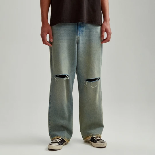 Zdjęcie produktu Jeansy wide leg z dziurami i efektem dirty wash niebieskie House zielony