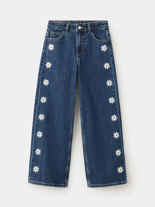Zdjęcie produktu Jeansy wide leg z haftem kwiatowym ciemnoniebieski - Dzieci - MANGO KIDS