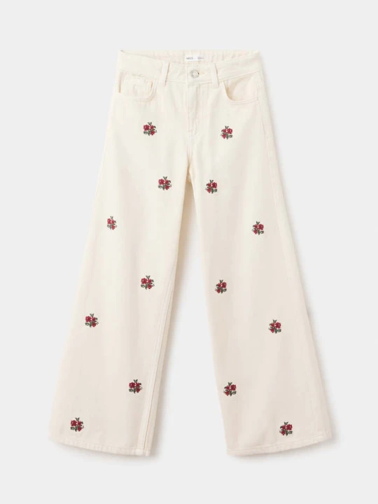 Zdjęcie produktu Jeansy wide leg z haftem kwiatowym kremowy / écru - Dzieci - MANGO KIDS beżowy