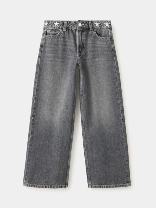 Zdjęcie produktu Jeansy wide leg z haftowanymi gwiazdami szary - Dzieci - MANGO KIDS