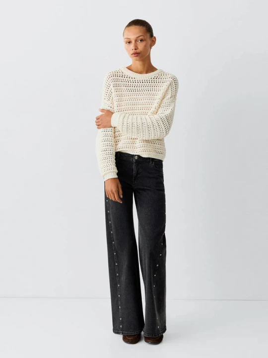 Zdjęcie produktu Jeansy wide leg z oczkami z boku black denim - Teen - MANGO TEEN