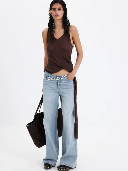 Zdjęcie produktu Jeansy wide leg z postrzępioną talią średni niebieski - Kobieta - - MANGO