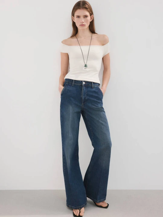 Zdjęcie produktu Jeansy wide leg ze średnim stanem ciemnoniebieski - Kobieta - MANGO