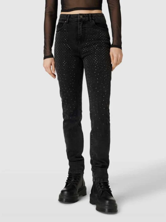 Zdjęcie produktu Jeansy o kroju straight fit z obszyciem ozdobnymi kamieniami model ‘EMILY’ Only Czarny