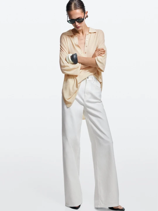 Zdjęcie produktu Jeansy Z Szerokimi Nogawkami I Wysokim Stanem - Biały Złamany - Massimo Dutti - Female