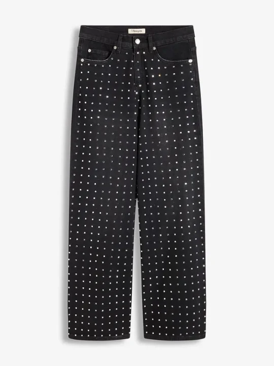 Zdjęcie produktu Jeansy z szerokimi nogawkami, mid waist, z aplikacją z kryształków BonPrix czarny