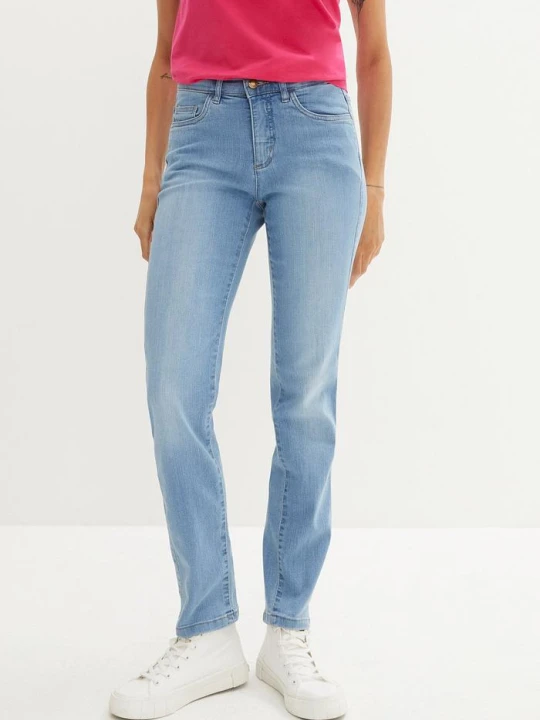 Zdjęcie produktu Jeansy ze stretchem, mid waist, prosta nogawka BonPrix niebieski